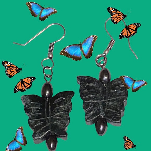 Hand Crafted Jewelry - Hand Crafted Butterfly Earrings Serpentine Hematite Stone Dangle Butterflies